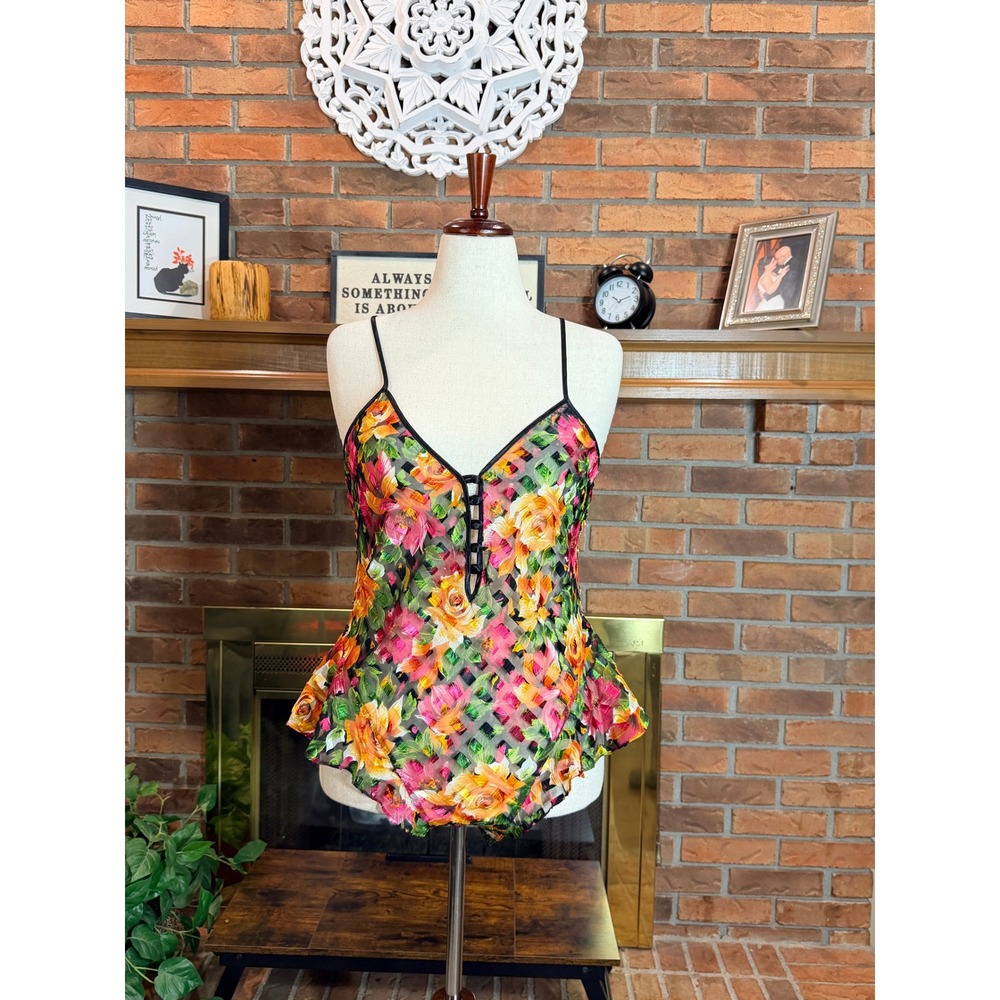 Victoria's Secret Bodysuit Women Multicolor Floral Sheer Peplum Vintage M 90s